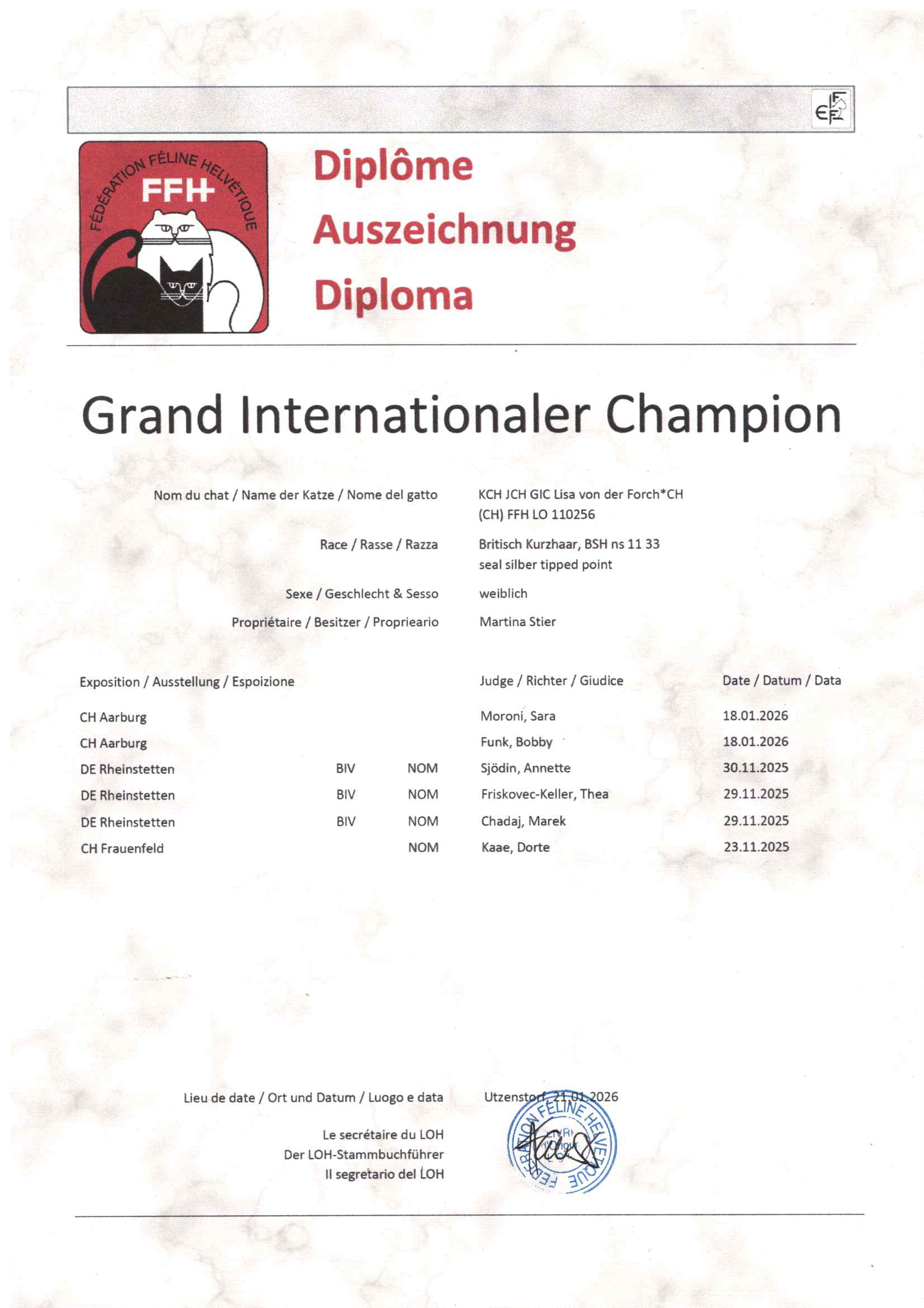 Kitten Champion, Junior Champion, Internationaler Champion, Grand International Champion Lisa von der Forch