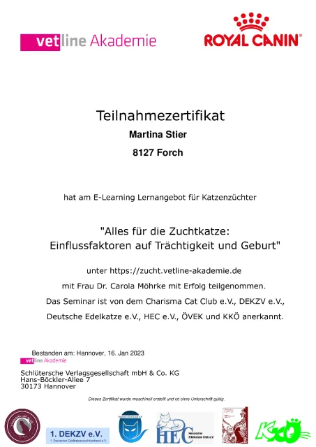 Zertifikat Einflussfaktoren auf Trächtigkeit und Geburt